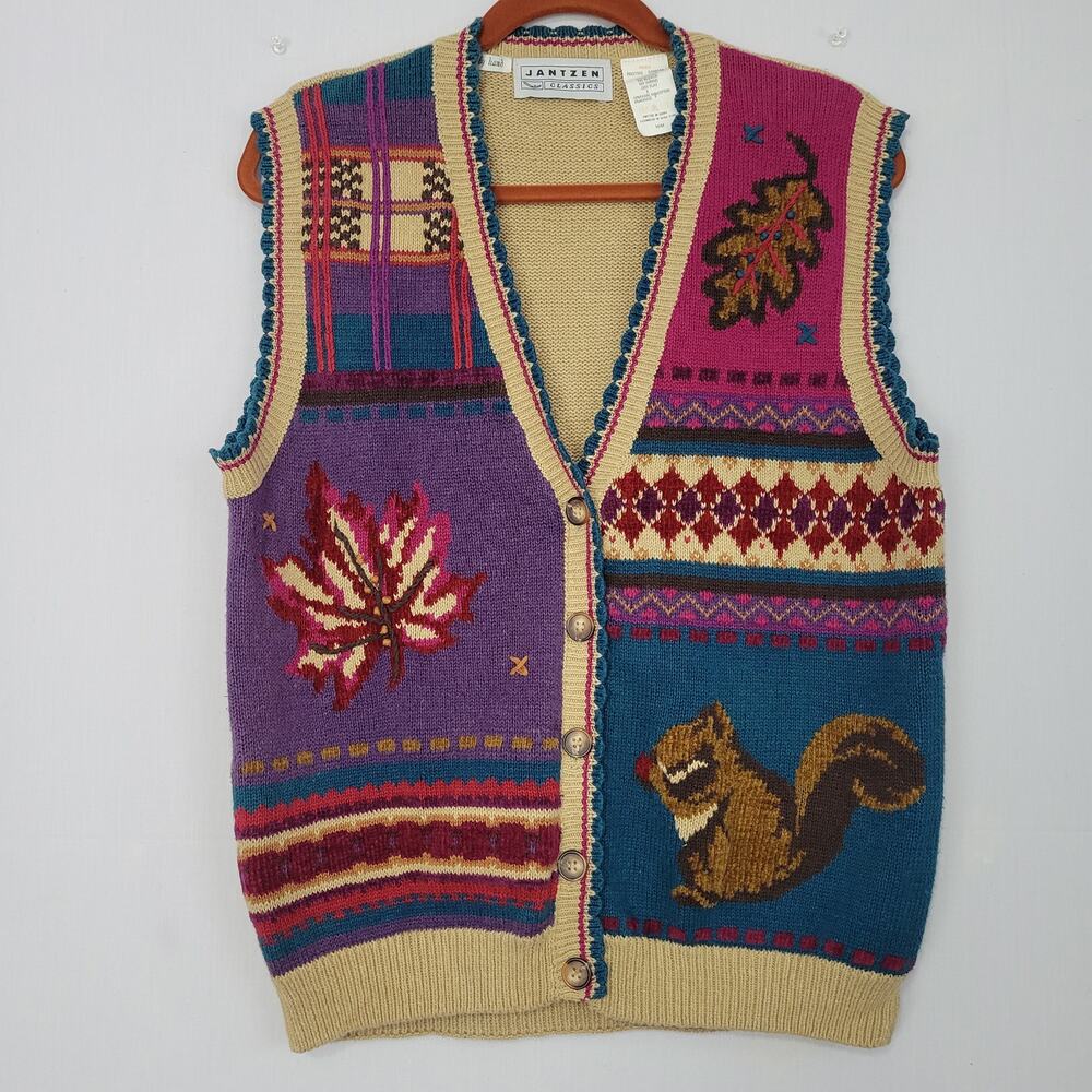 Vintage Mixed Print Squirrel V-neck Button Front Knit Vest sz M Fall Leaves 90s